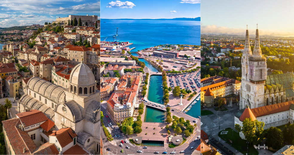 Kolaž gradova Rijeka, Zagreb i Šibenik
