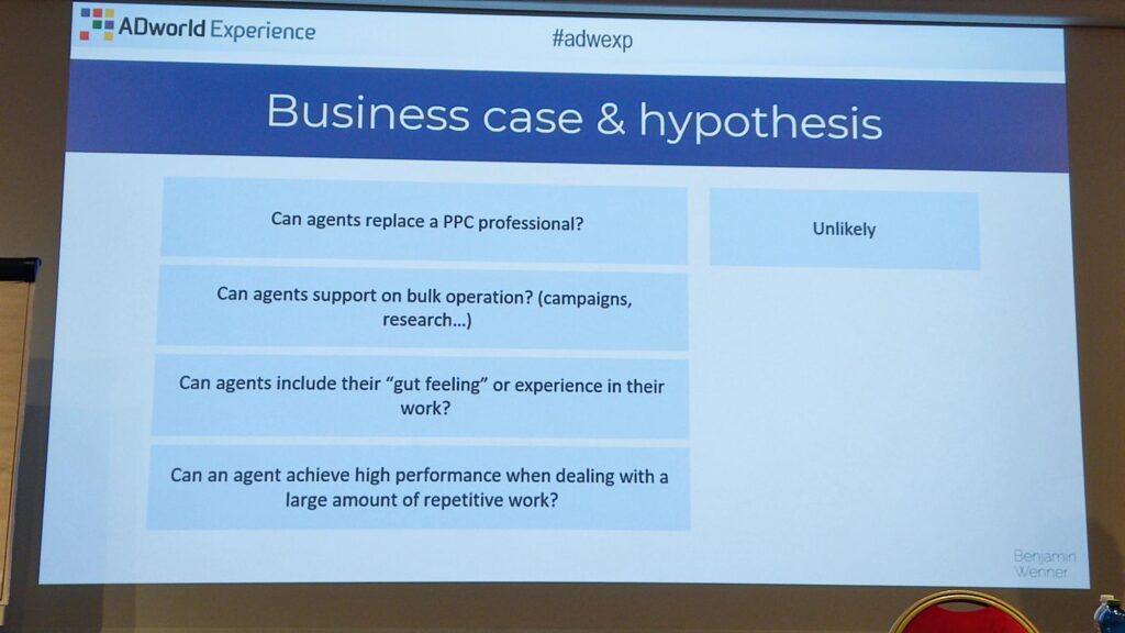 Prezentacijski slajd s naslovom 'Business case & hypothesis' na konferenciji ADworld Experience