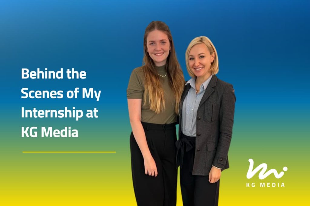 Two women standing together beside text about an internship experience at KG Media
