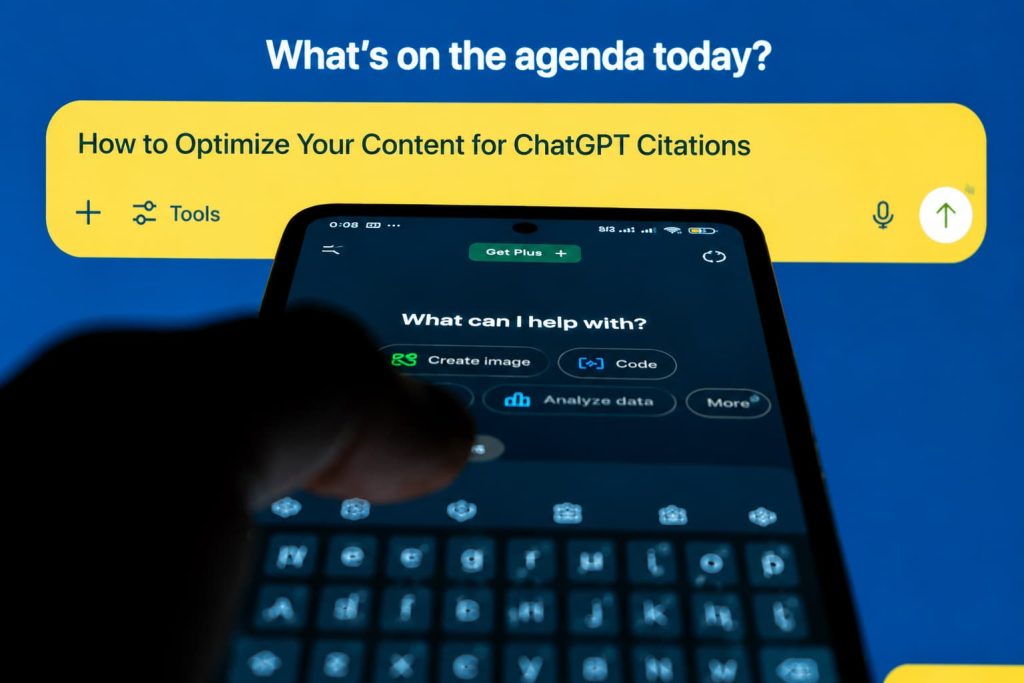 A smartphone displaying the ChatGPT interface and a query about optimizing content for AI citations