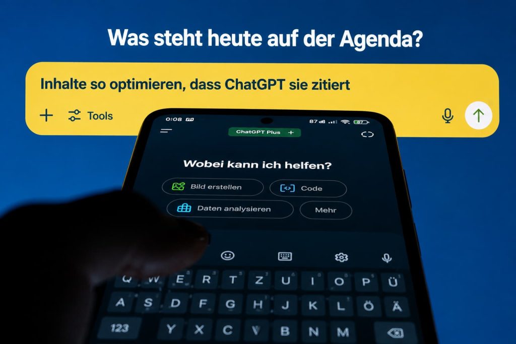 Smartphone mit geöffneter ChatGPT-Oberfläche und einer Anfrage zur Optimierung von Inhalten für die KI-Zitierung