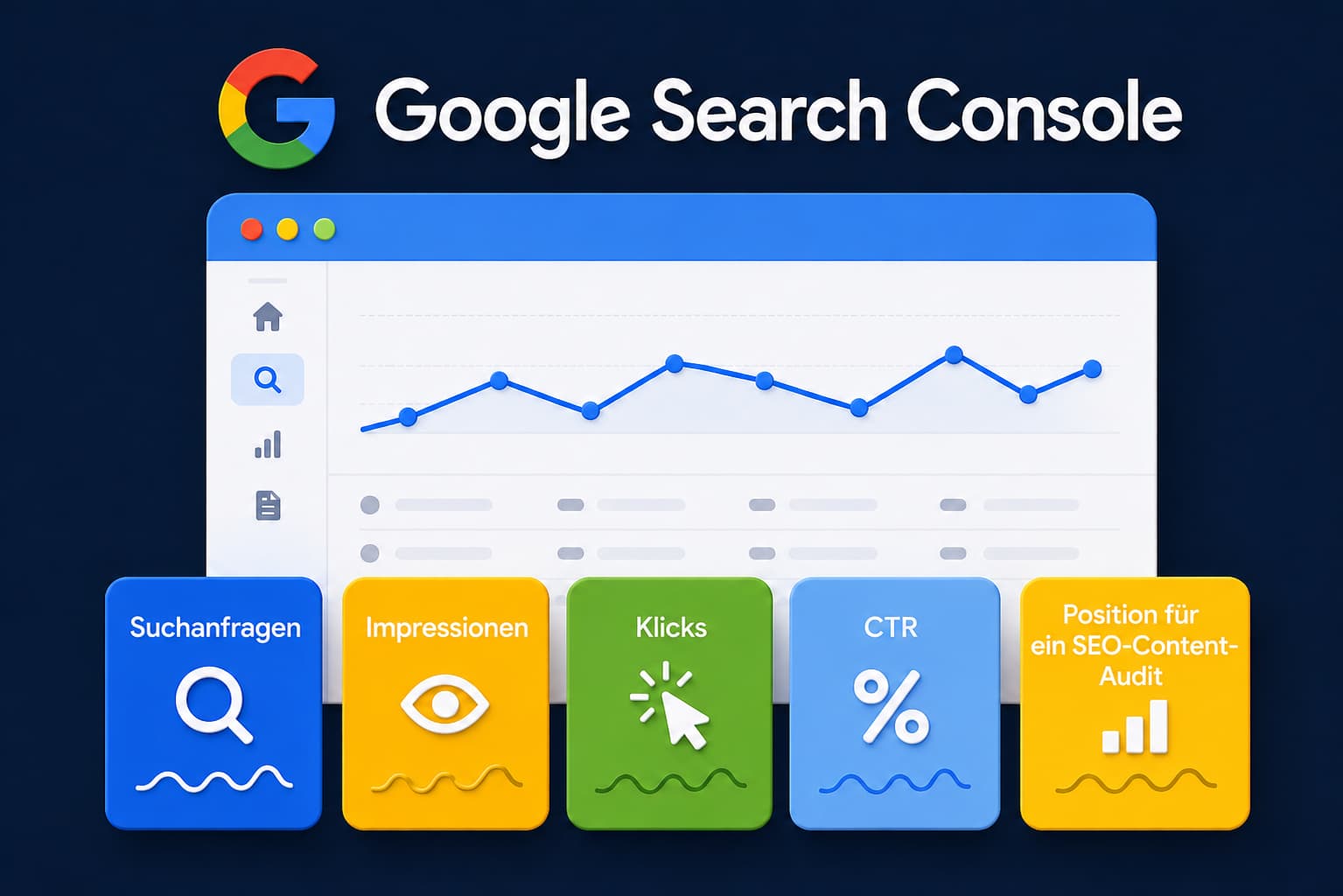 Google-Search-Console-Ansicht mit Suchanfragen, Impressionen, Klicks, CTR und Position für ein SEO-Content-Audit