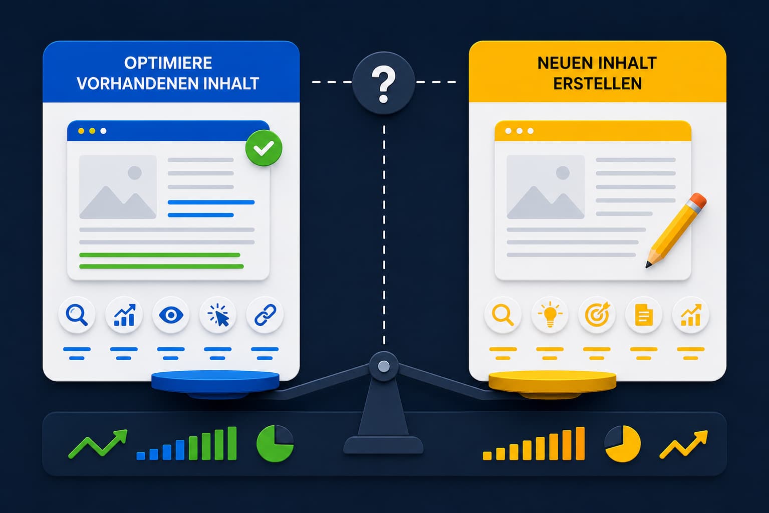 Vergleich zwischen der Optimierung bestehender Inhalte und dem Erstellen neuer Inhalte in einer SEO-Strategie für mehr Traffic